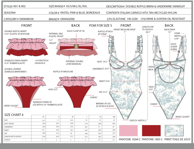 дизайнерски илюстрации на бански костюми и технически пакети