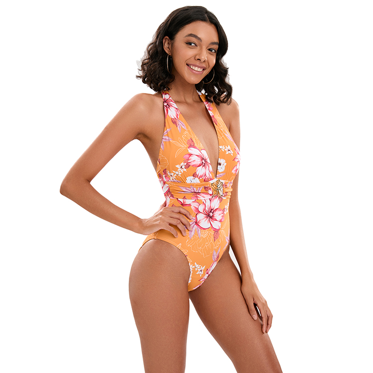 V Neck Swimsuit with Metallic Accessory